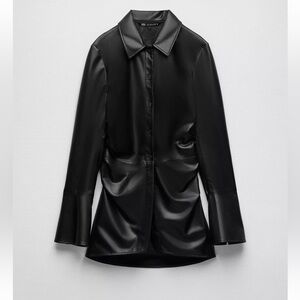 Zara Black Button-Up Leather Top Coat Jacket With Ruched Waist